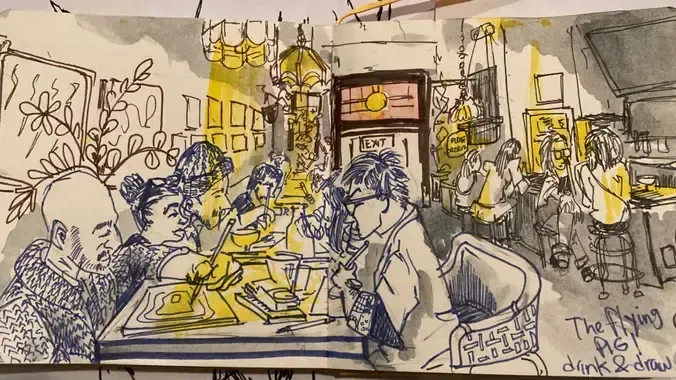 A drawing of drink and draw, made at drink and draw!