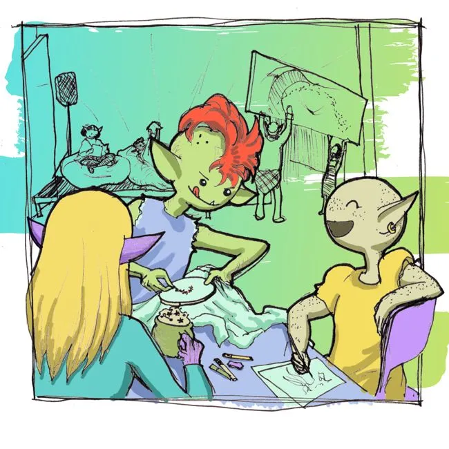 A cartoon depicting hobby goblins hob-nobbing it up.